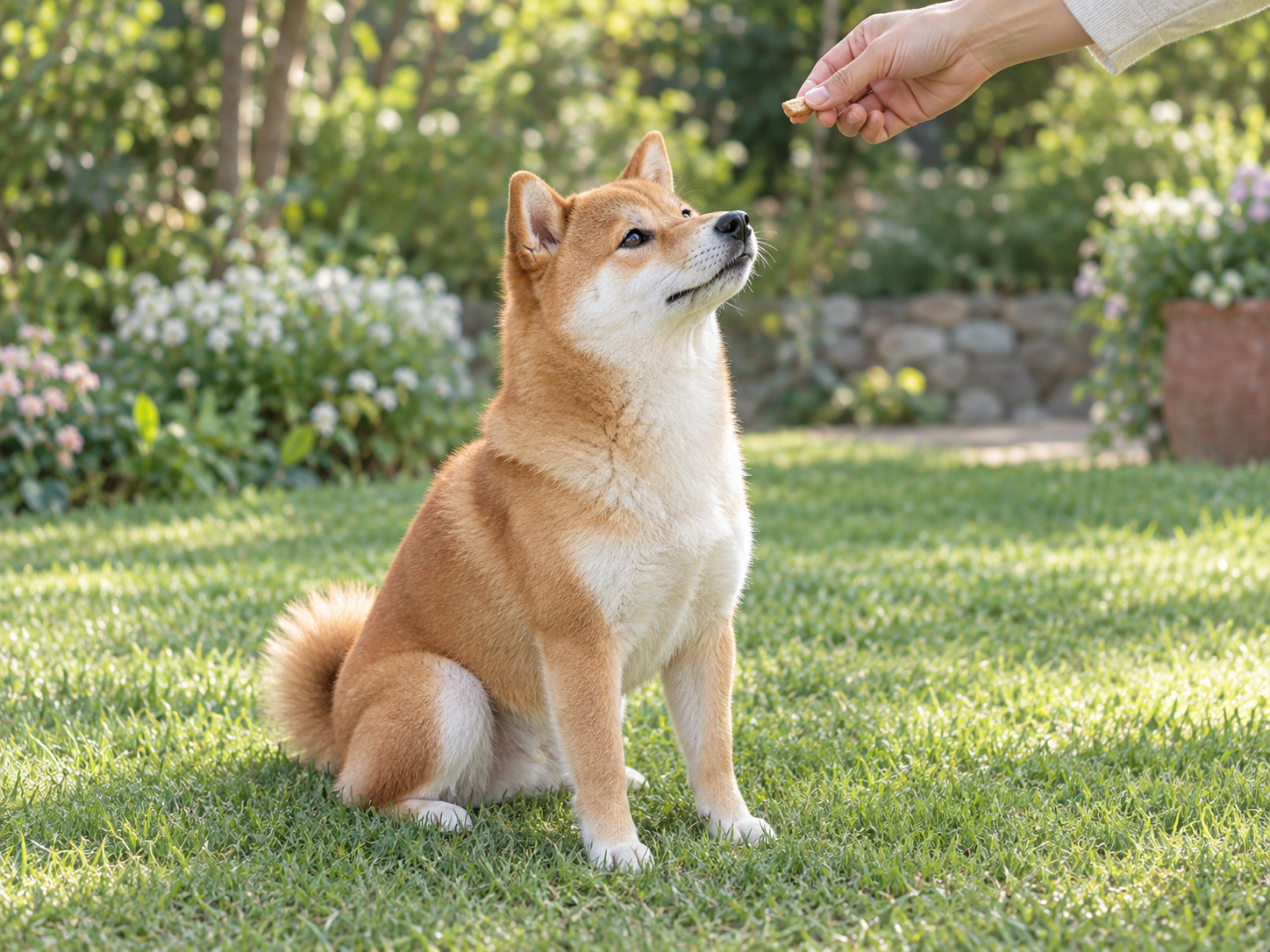 おやつを見ながらおすわりを練習する柴犬のイメージ